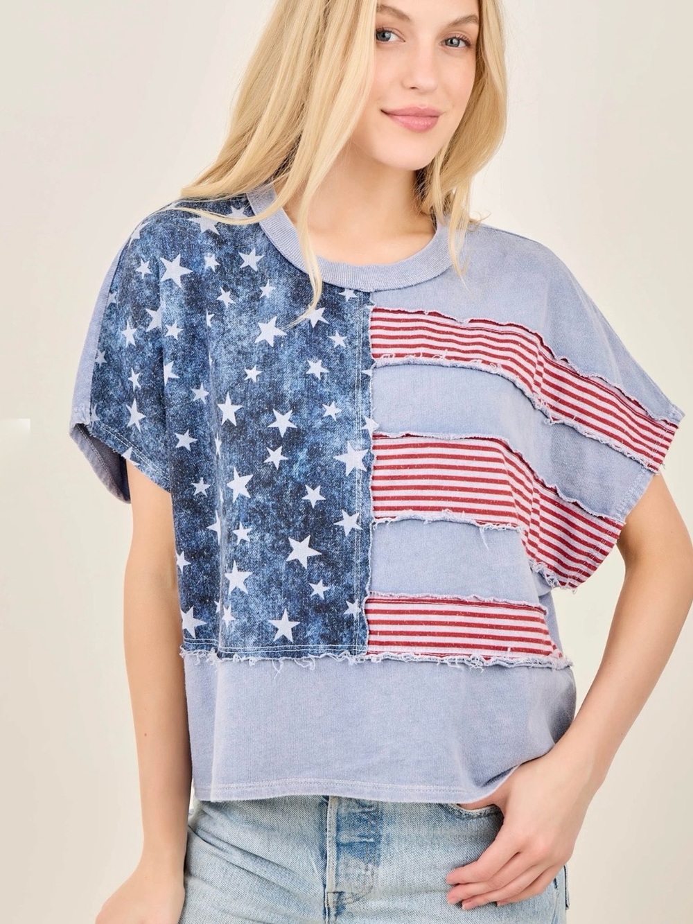 💕Coming Soon! J.Her Washed Blue American Flag Patchwork Short Sleeve Top